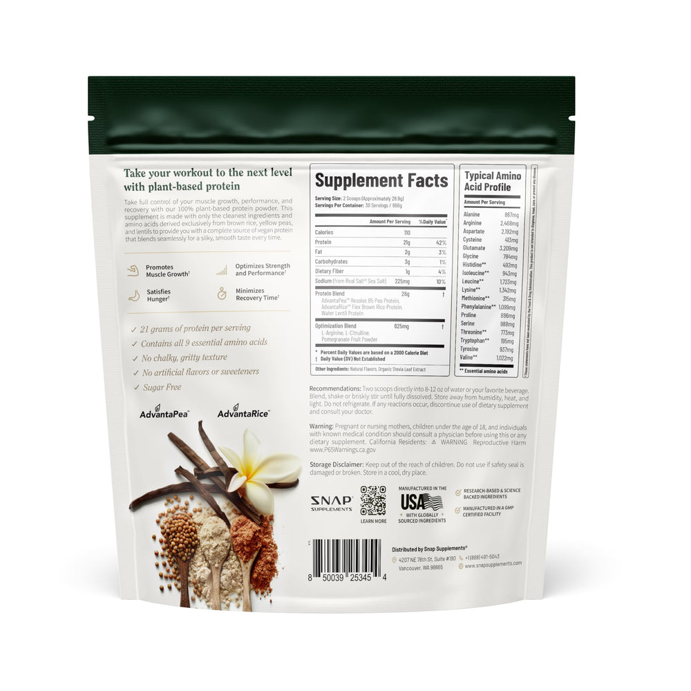 Snap Supplements Vanilla Protein Packaging Details, eco-friendly packaging insights.