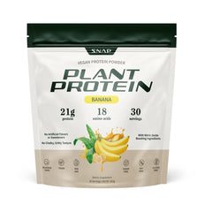 Snap Supplements vegan protein banana powder bottle highlights plant based protein for daily workouts