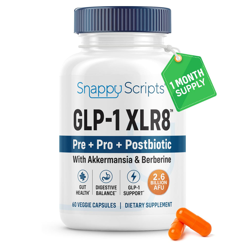 Snappy Scripts GLP-1 XLR8 bottle displayed for daily digestive balance and convenience