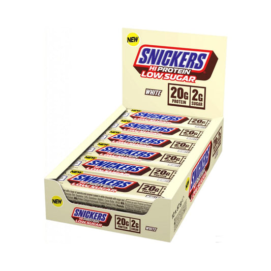 Snickers white chocolate bar front pack highlights low sugar and high protein