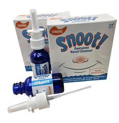 Snoot! nasal cleanser strong formula pack with blue sprayers for on-the-go relief.
