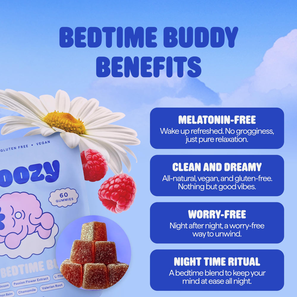 Snoozy Bedtime Buddy gummies outside pack illustrate raspberry flavor and easy nightly routine