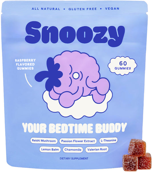 Snoozy Bedtime Buddy pack front highlights a natural sleep aid for calmer evenings