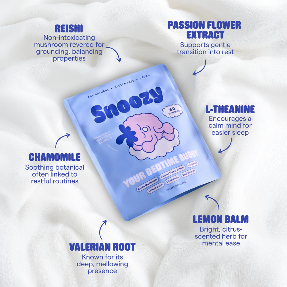 Snoozy Bedtime Buddy reishi mushroom 100mg emphasizes calming botanicals for mindful evenings