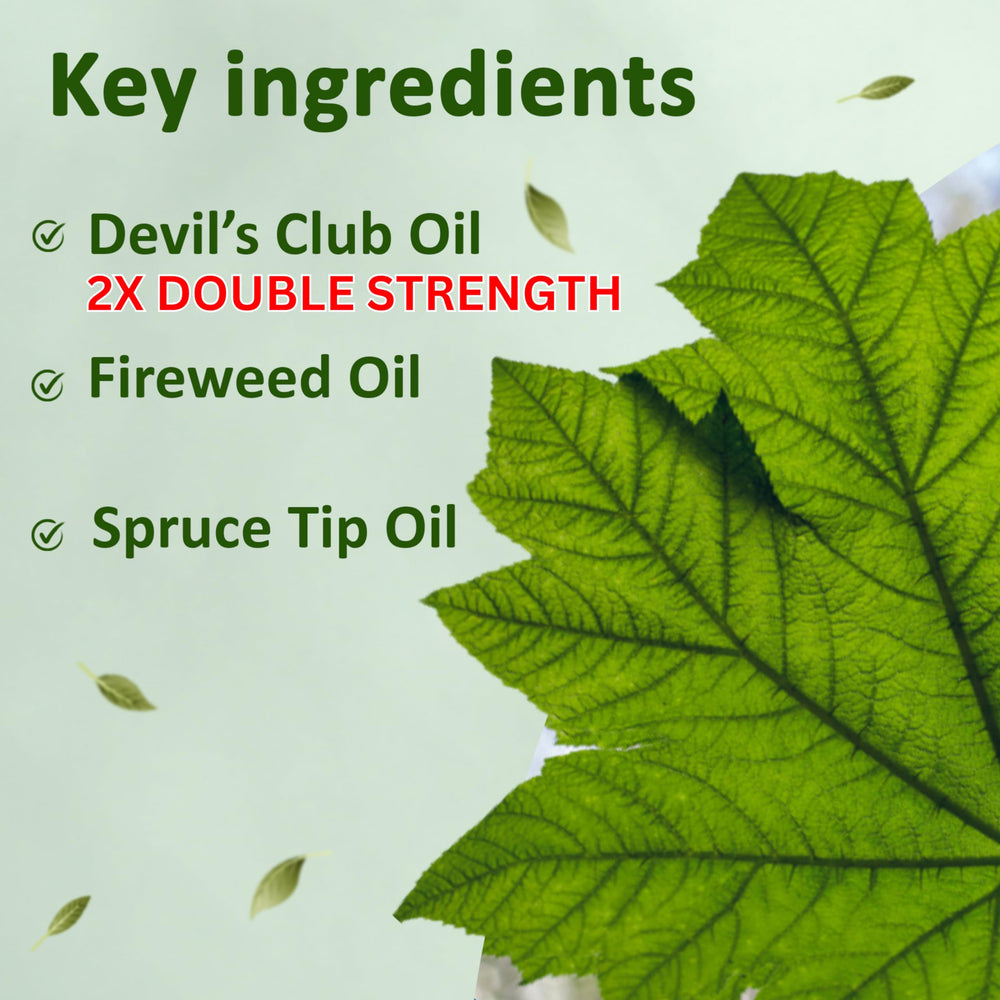 Snowy Summit Alaska Rainforest 2X Salve Stick bottle highlights Devil's Club oil.