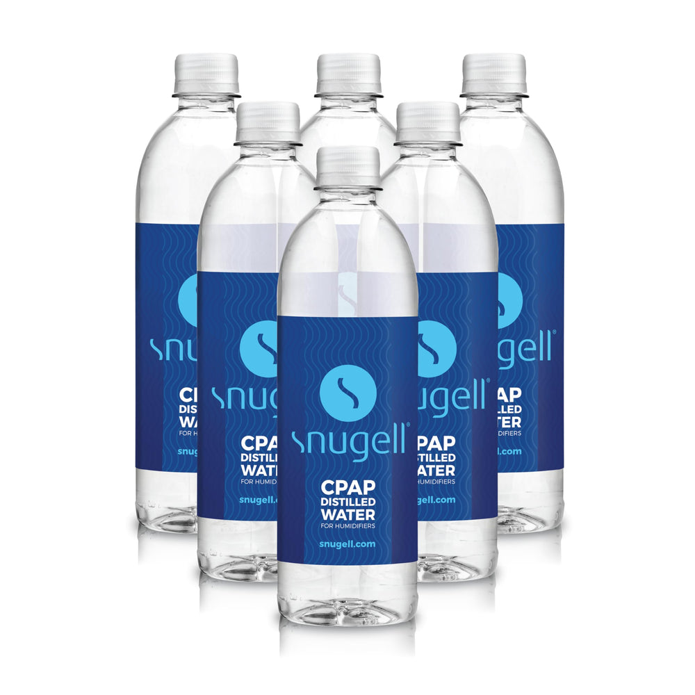 Snugell CPAP distilled water 6-pack packaging for travel-ready care