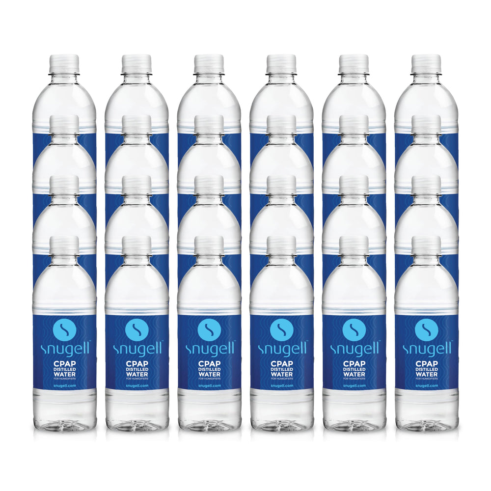 Snugell distilled water CPAP bottle travel pack shown in a travel kit for on-the-go hydration.