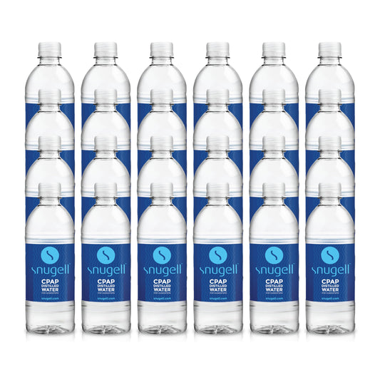 Snugell distilled water CPAP bottle travel pack shown in a travel kit for on-the-go hydration.