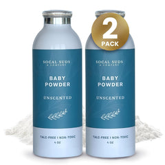 SoCal Suds & Company unscented baby powder bottle showing talc-free formula for sensitive skin.