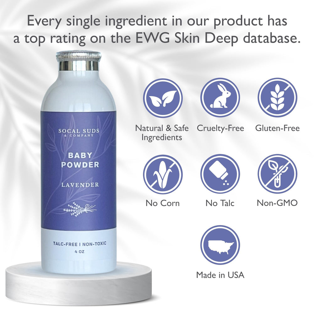 SoCal Suds & Company talc-free baby powder with arrowroot and kaolin for natural moisture control.