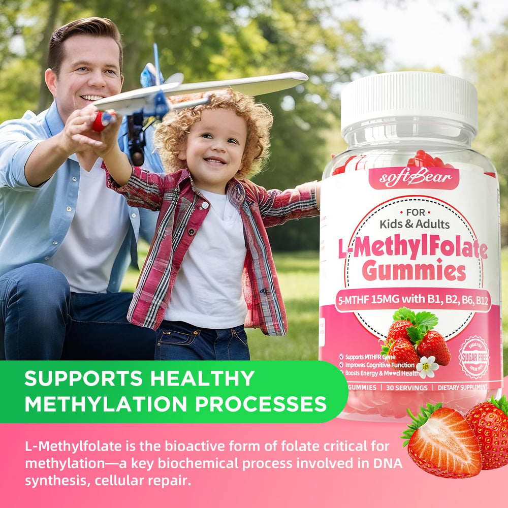 Softbear gummies closeup texture illustrating easy-to-chew folate supplement