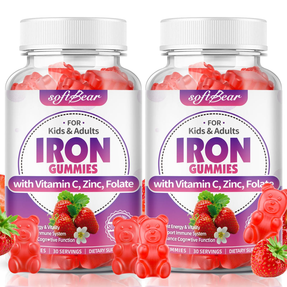 SoftBear Iron Gummies bottle with 65 mg iron and vitamin blend for energy support.