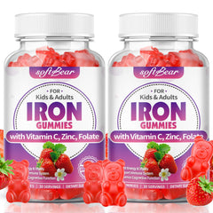 SoftBear Iron Gummies bottle with 65 mg iron and vitamin blend for energy support.