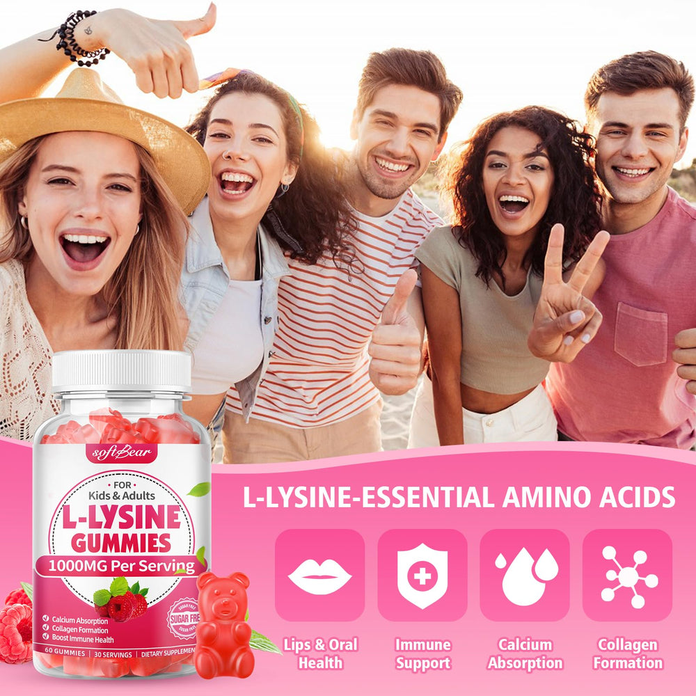 SoftBear L-Lysine Gummies closeup reveals chewy texture and raspberry flavor.