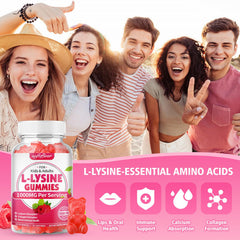 SoftBear L-Lysine Gummies closeup reveals chewy texture and raspberry flavor.
