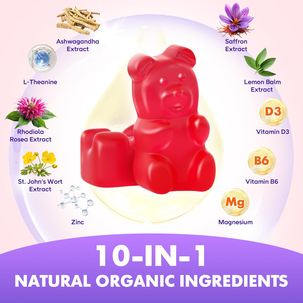 SoftBear Saffron Gummies on an adult wellness shelf implying balanced energy and mood