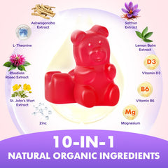 SoftBear Saffron Gummies on an adult wellness shelf implying balanced energy and mood