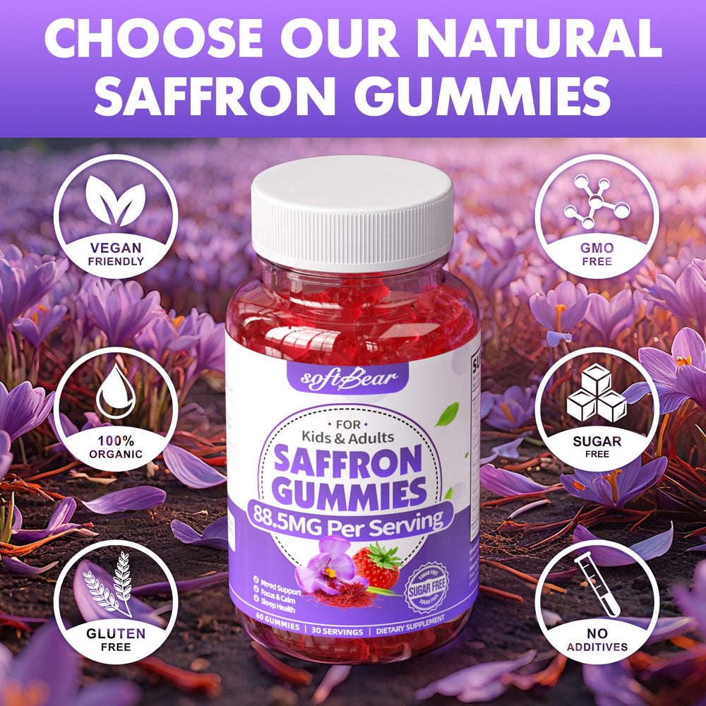 SoftBear Saffron Gummies bulk-pack display suggesting family-friendly value