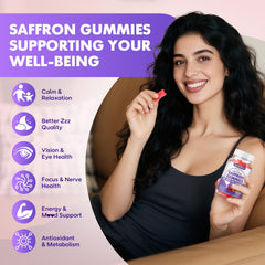 SoftBear Saffron Gummies ingredients label close-up showing organic, vegan, non-GMO formula
