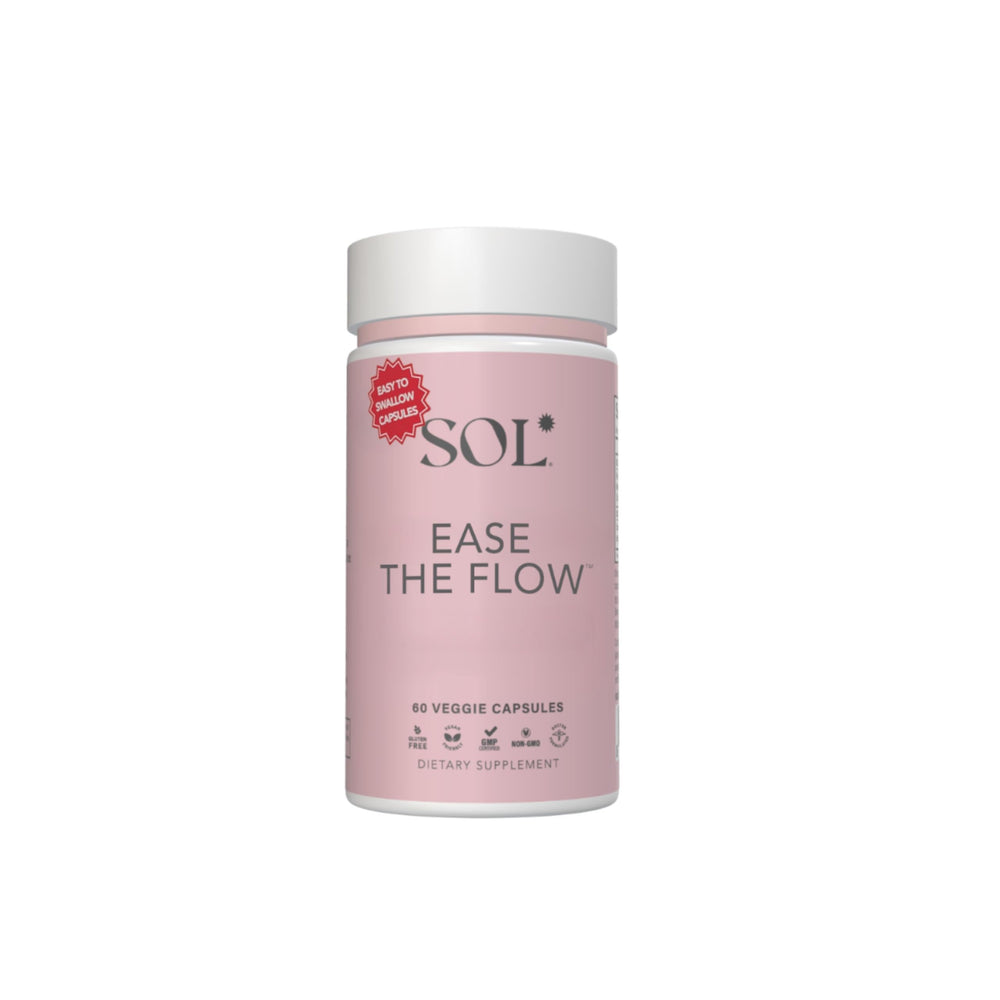 Sol Nutrition Ease the Flow bottle for menstrual support and symptom relief.