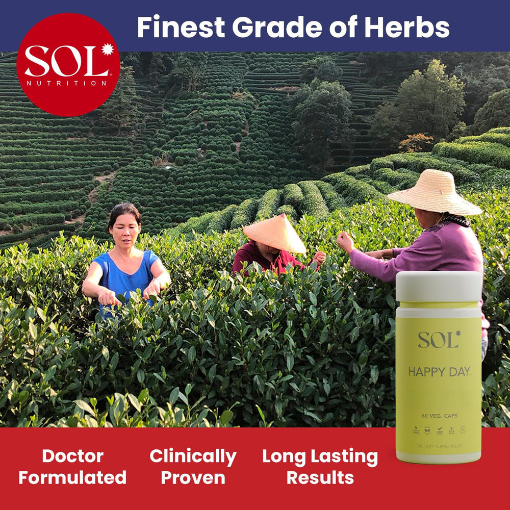 Sol Nutrition Happy Day herbal blend close-up with Collective Happiness Bark and extracts.