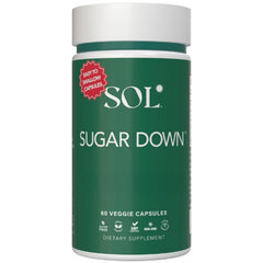 Sol Nutrition Sugar Down bottle label highlighting digestive support and anthocyanin-rich formula.
