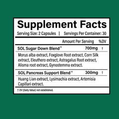Sol Nutrition Sugar Down capsules closeup for convenient daily digestion support and energy.