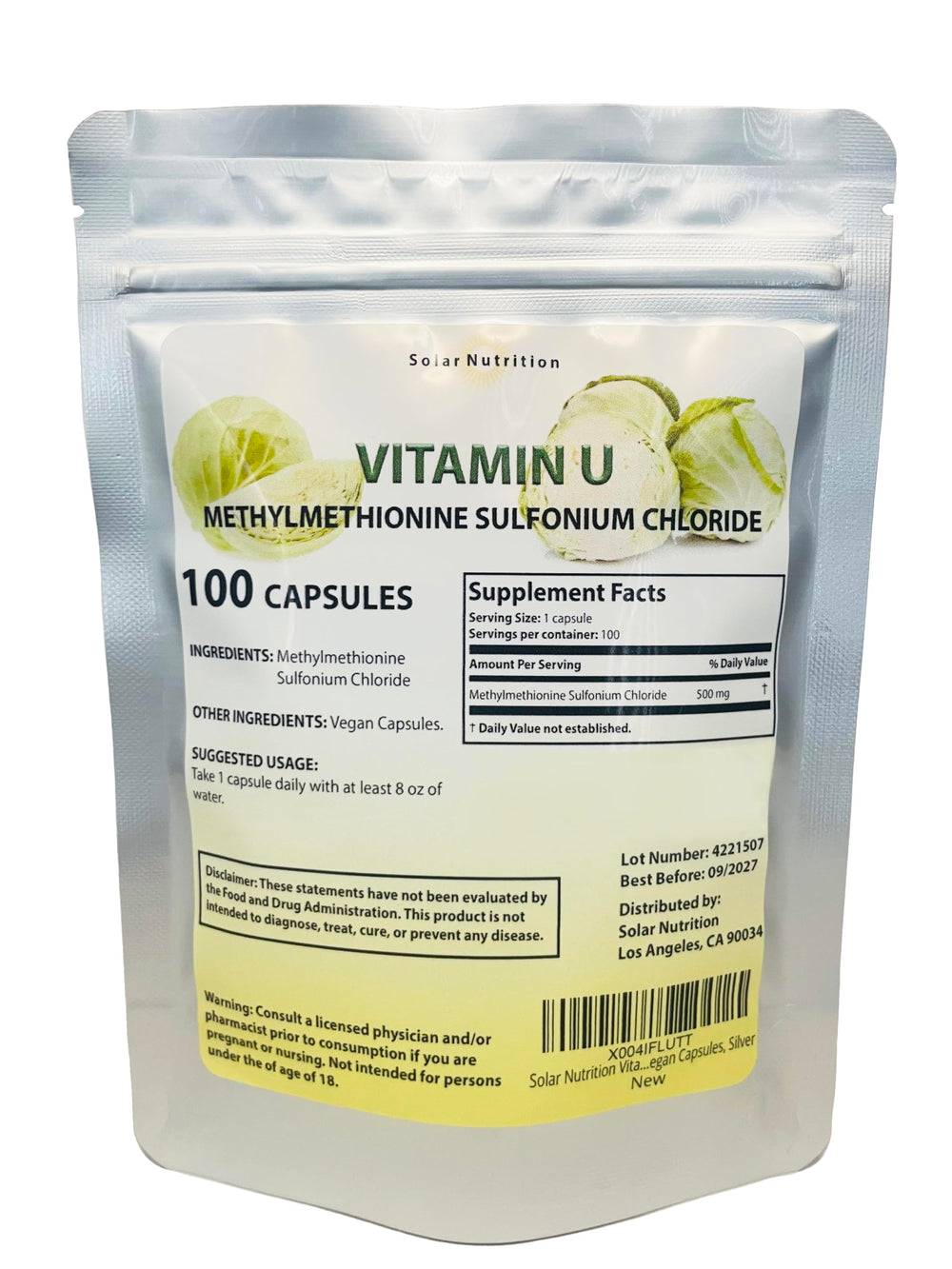 Solar Nutrition Vitamin U bottle label shows brand and clear ingredients for informed use.