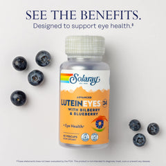 SOLARAY Advanced Lutein Eyes capsules closeup highlighting vegan softcaps.