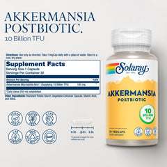 SOLARAY Akkermansia Postbiotic bottle back with dosage and ingredients for clarity