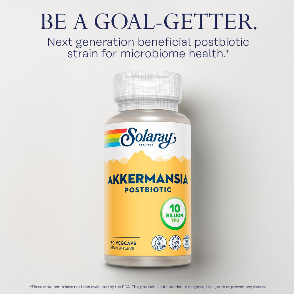 SOLARAY Akkermansia Postbiotic ingredients label with vegan formulation