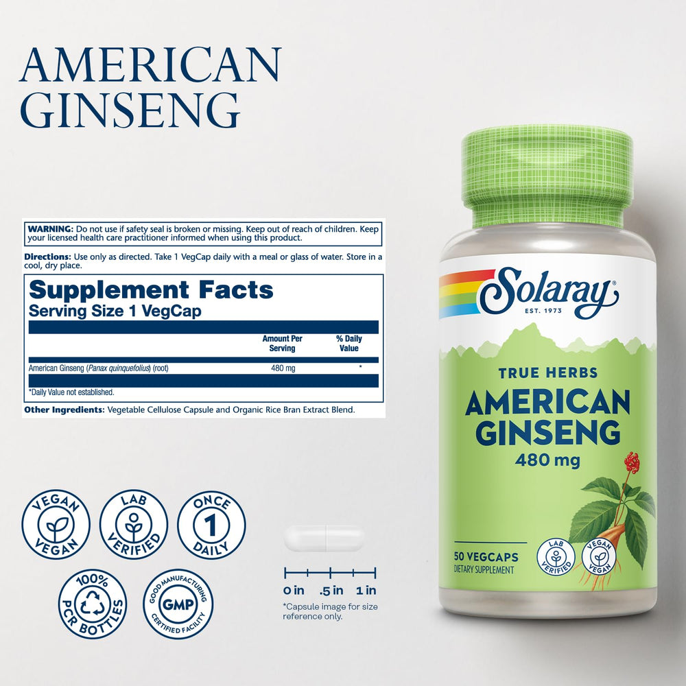 SOLARAY American Ginseng 480 mg bottle back label with usage and ingredients