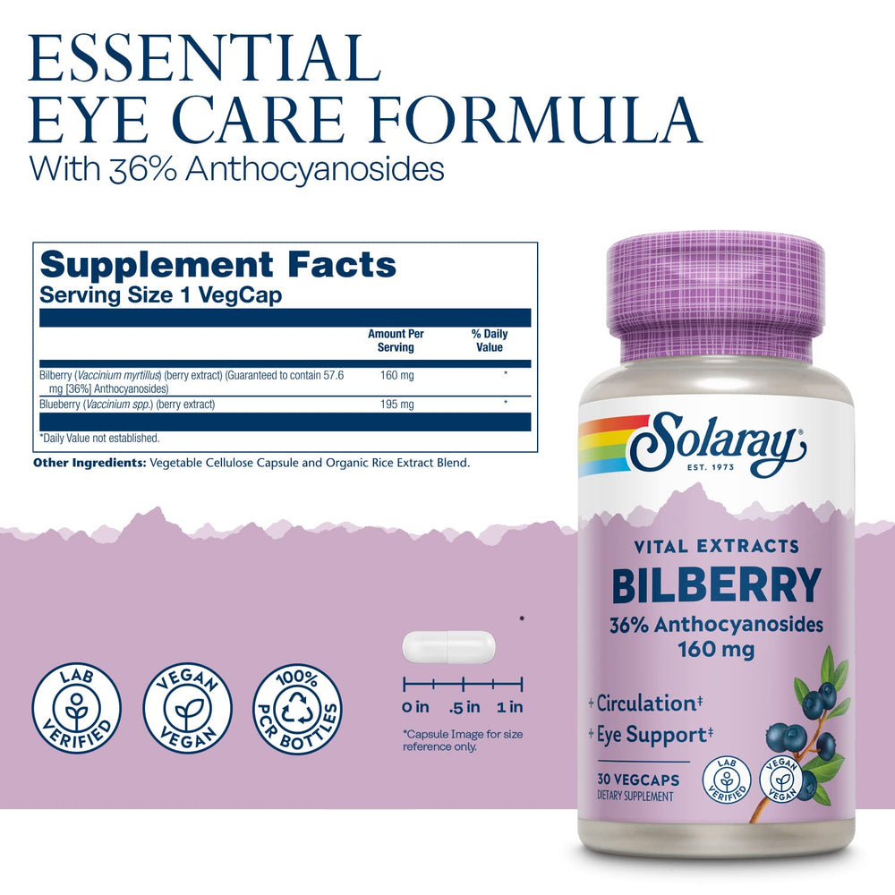SOLARAY Anthocyanosides 36% per serving highlighted for circulation support.