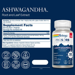 SOLARAY Ashwagandha root and leaf extract 240 mg label close-up