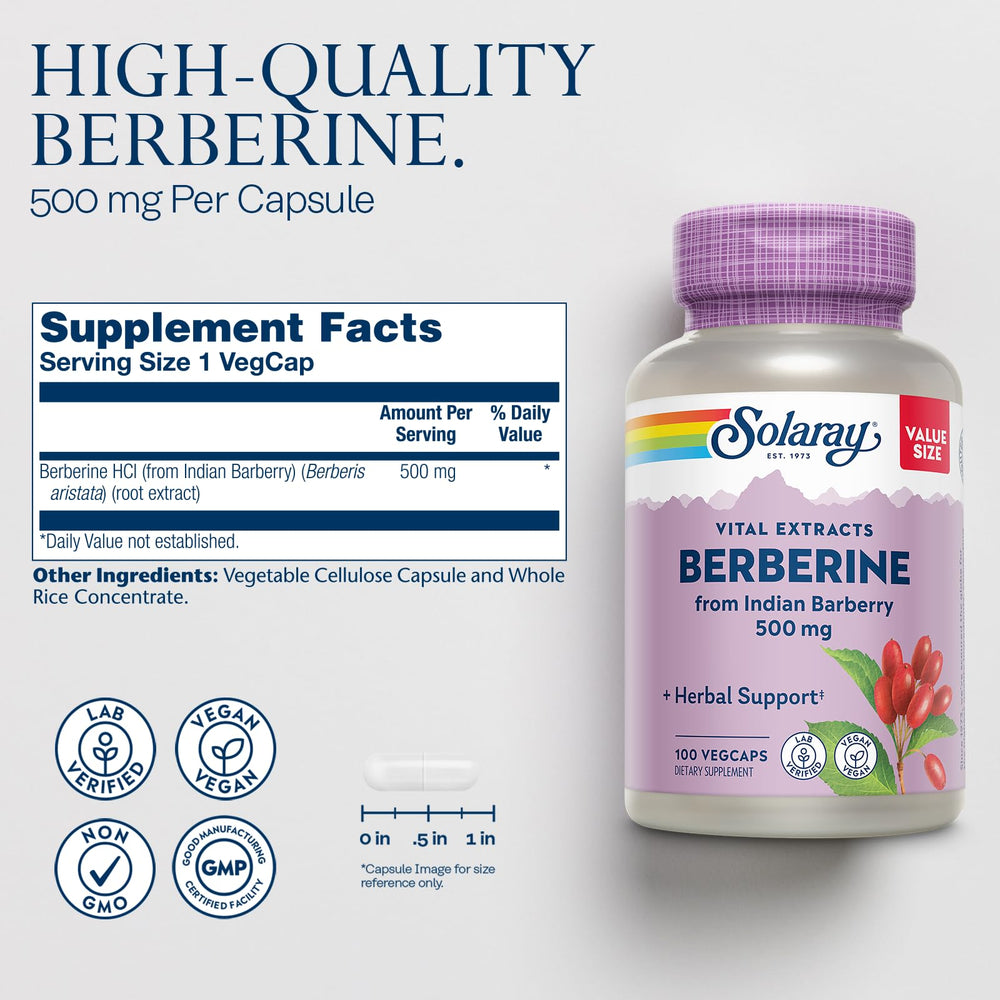 SOLARAY Berberine 500mg bottle displayed for convenient vegan, non-GMO daily use