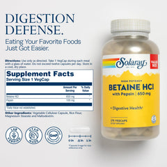 Solaray Betaine HCl Pepsin pour showing meal-time digestion aid.