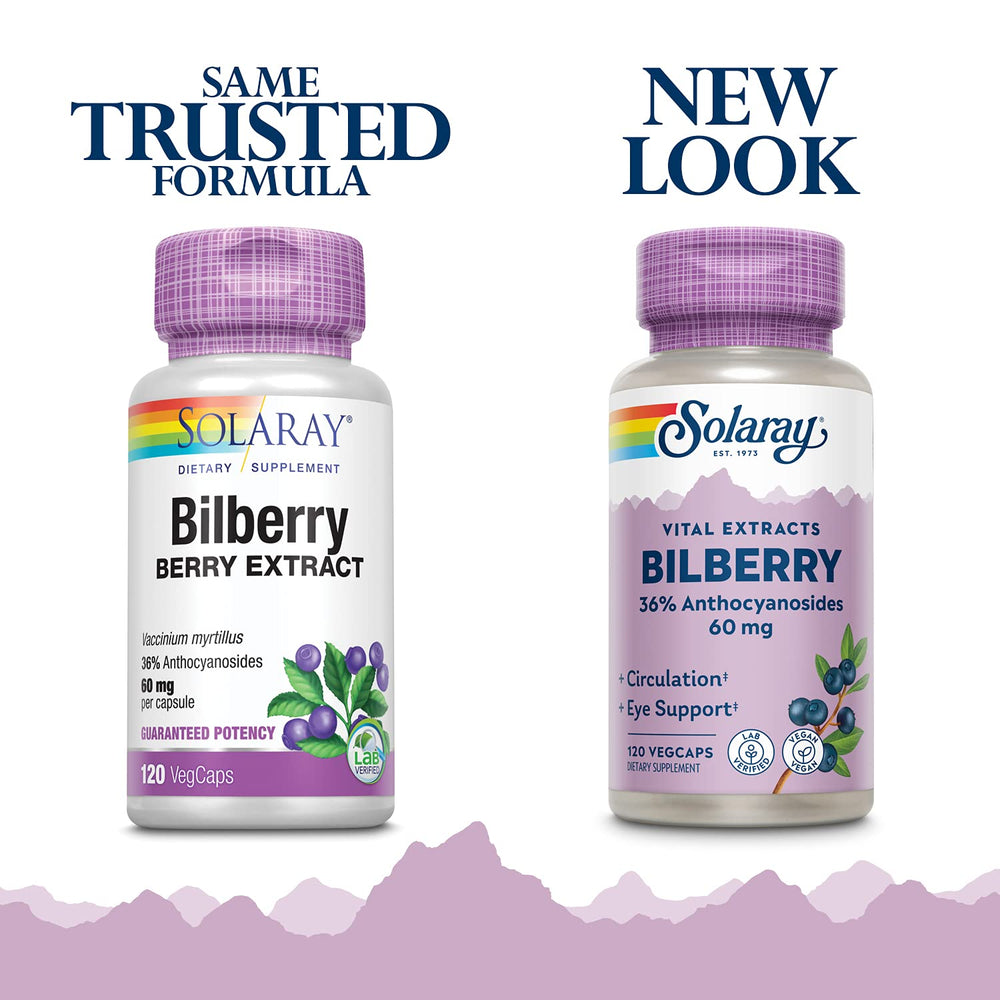 SOLARAY bilberry capsules shown up close for eye and circulation support.