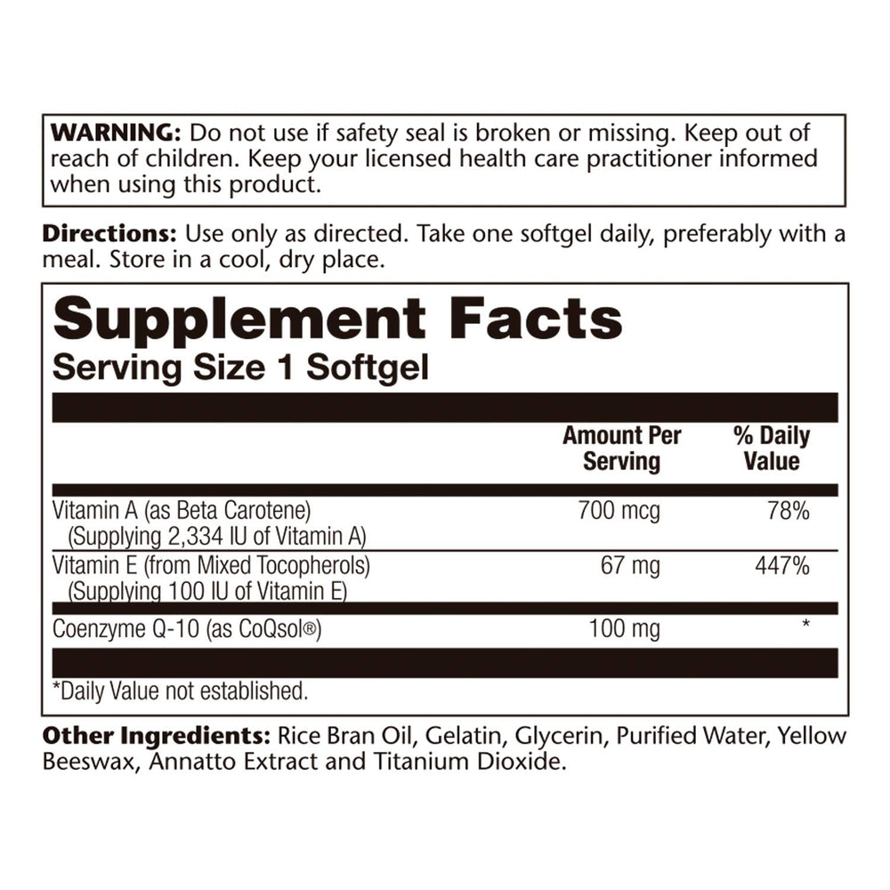 SOLARAY Bio CoQ-10 label closeup highlights potency and purity certifications.