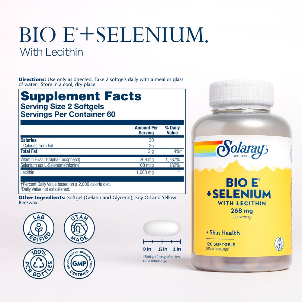 Solaray Bio E with Selenium label highlights natural vitamin E source used in daily supplements.