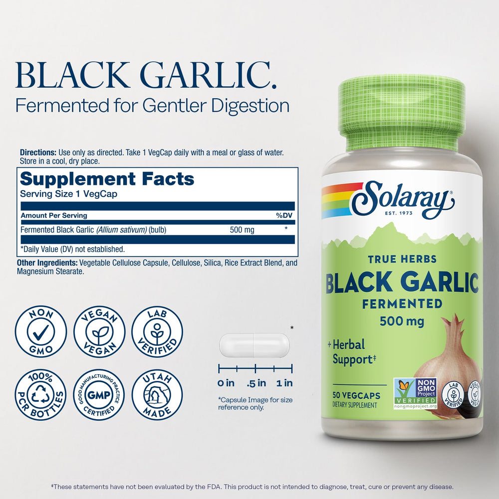 SOLARAY Black Garlic capsules close-up highlighting easy digestion.