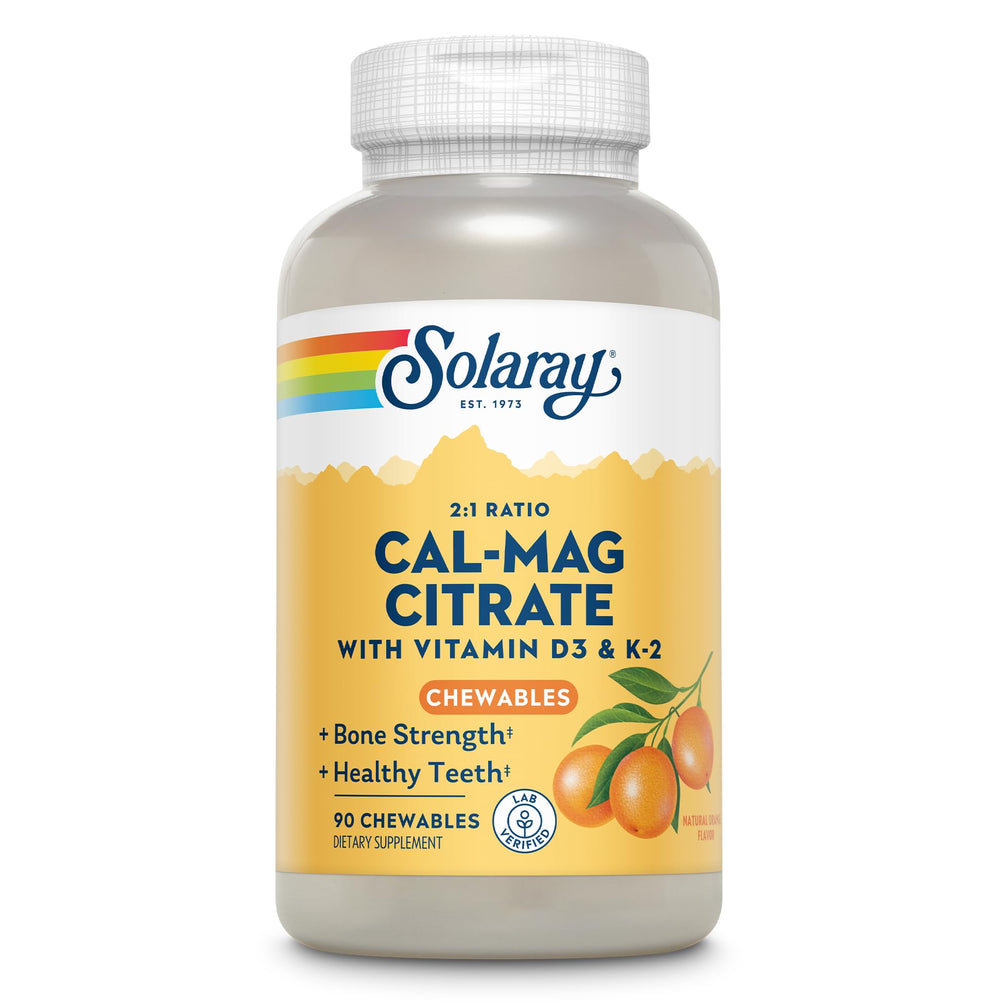 Solaray Cal-Mag Citrate D-3 K-2 orange chewable bottle for daily bone support