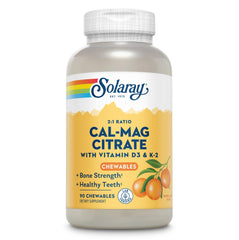 Solaray Cal-Mag Citrate D-3 K-2 orange chewable bottle for daily bone support