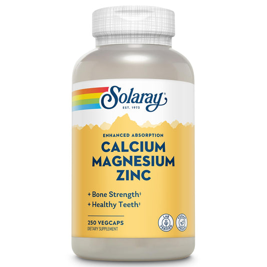 SOLARAY Calcium Magnesium Zinc bottle front showing 60-day supply for bone health