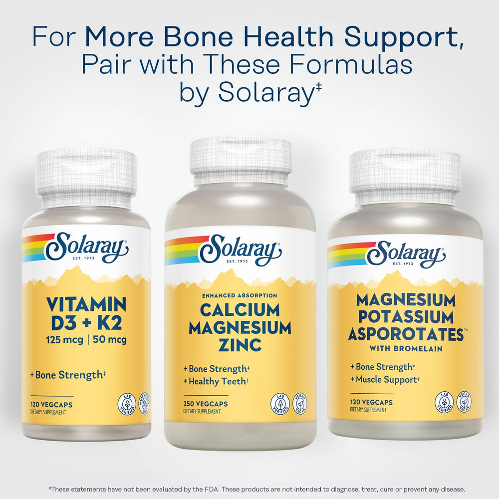 SOLARAY Calcium Magnesium Zinc testing badge indicating purity and potency