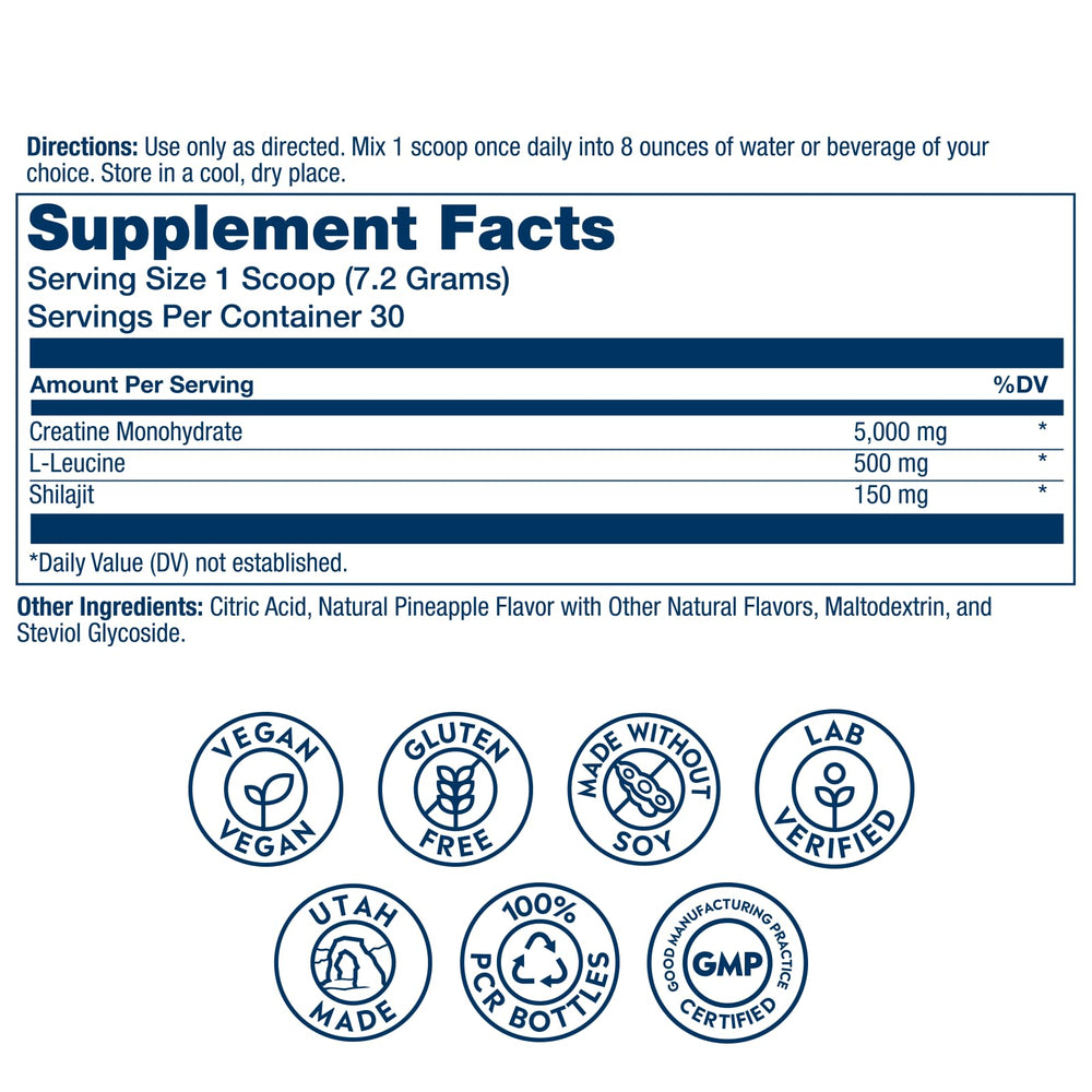 SOLARAY Creatine with Shilajit bottle label highlights quality and ingredients.