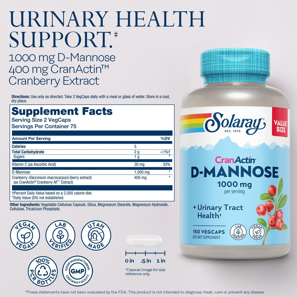 Solaray D-Mannose CranActin capsules offering vegan daily supplementation.