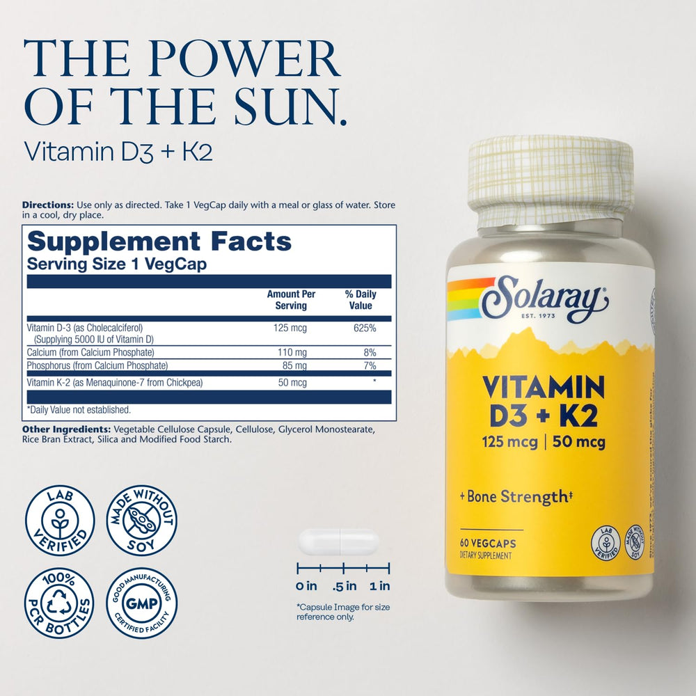 SOLARAY D3 K2 bottle supports calcium utilization for bones