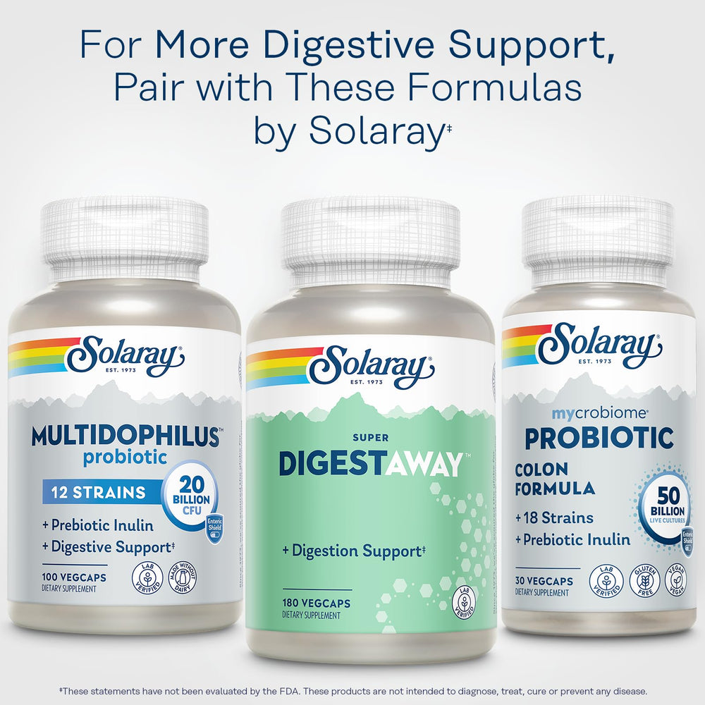 SOLARAY Digestaway bottle and plant imagery highlights papain, ginger, and aloe benefits.