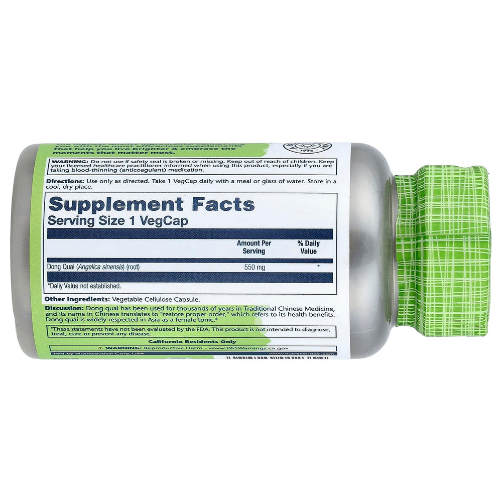 SOLARAY Dong Quai Root capsules highlighting convenient support during cycles