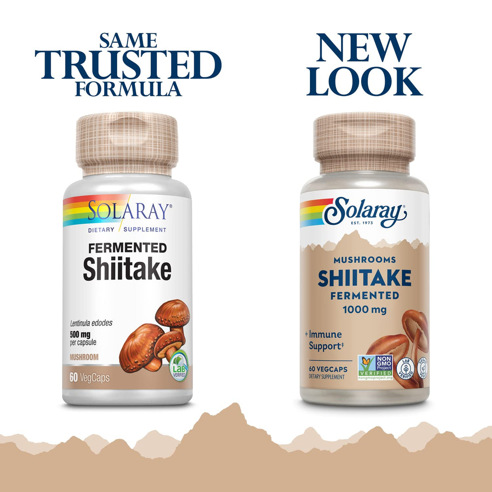 SOLARAY Fermented Shiitake bottle label highlighting ingredients and purity.